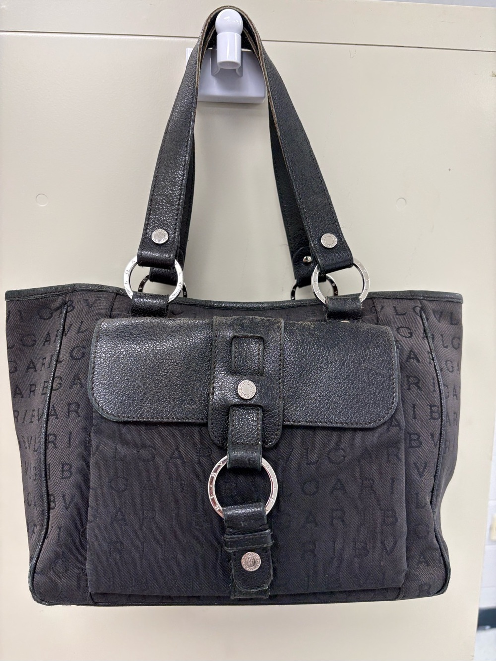 BVLGARI Logomania Canvas & Leather Ring Tote Bag - Black